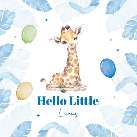 Felicitatie kaart geboorte zoon baby dieren giraffe bladeren blauw