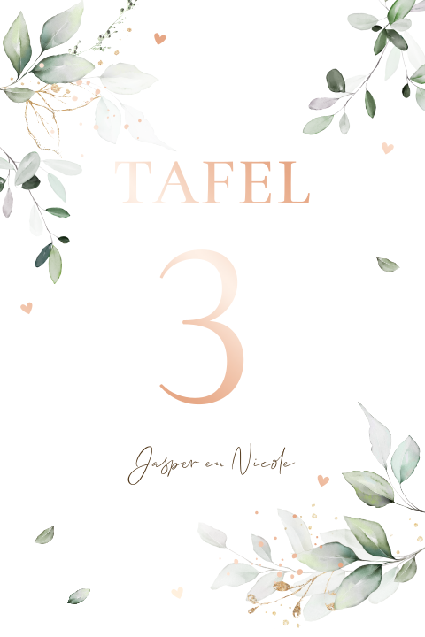 Tafelnummer bruiloft botanisch bladeren rosefolie