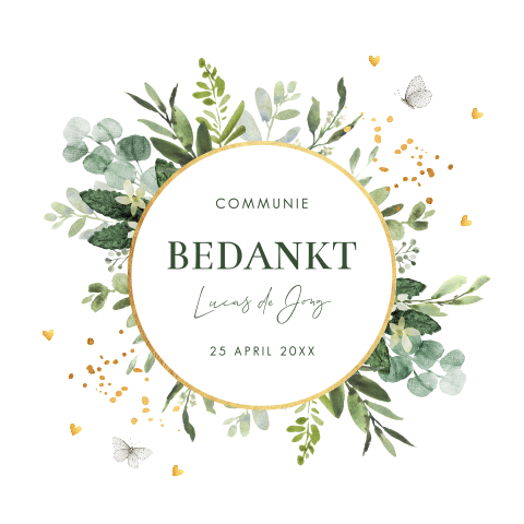 Bedankkaart communie bladeren botanisch groen