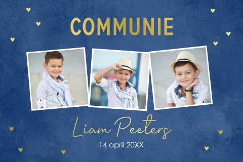 Communie uitnodiging jongen met foto blauw goudfolie fotocollage