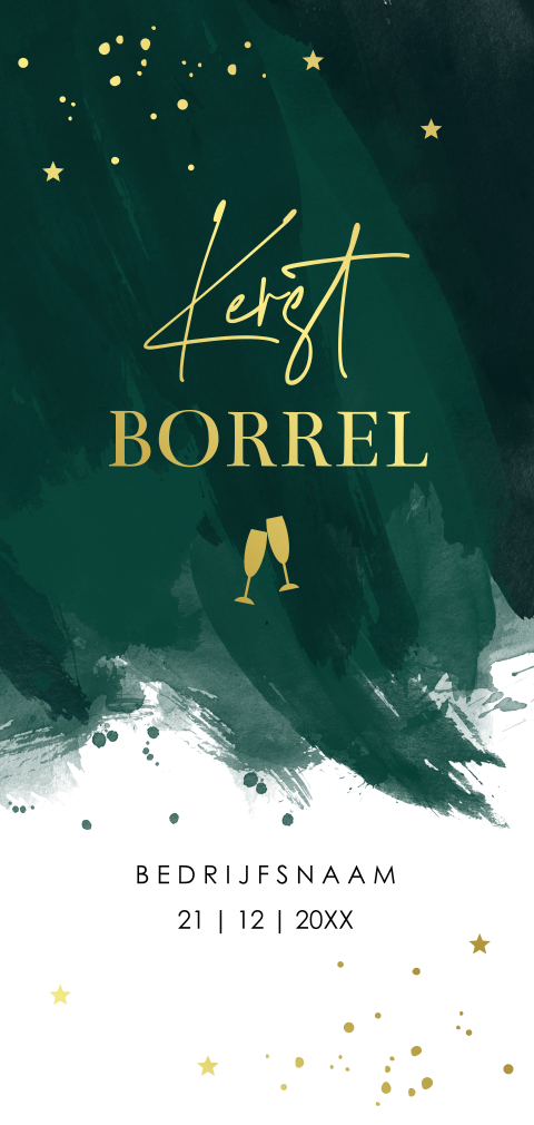 Luxe zakelijke kerstborrel uitnodiging groen langwerpig goudfolie