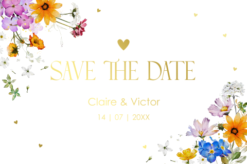Save the Date kaart zomerse bloemen paars geel goudfolie