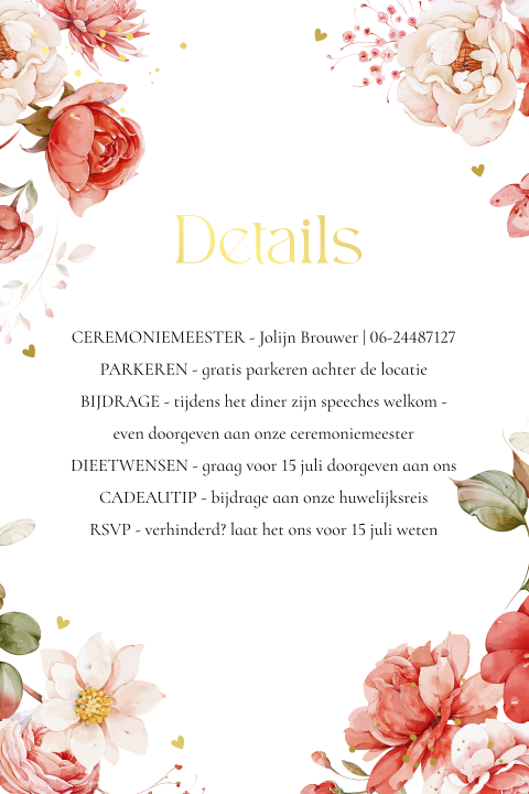 Extra informatie kaartje huwelijk bloemen rood kalkpapier goudfolie