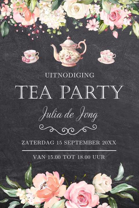 High Tea uitnodiging zwart krijtbord roze bloemen