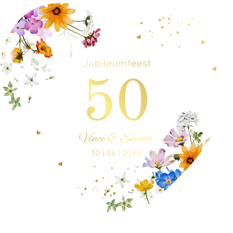 Uitnodiging jubileum 50 jaar getrouwd hartje bloemen goudfolie