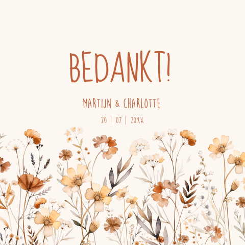 Bedankkaart huwelijk beige veldbloemen
