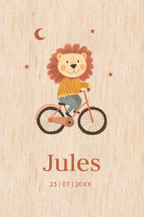 Geboortekaartje echt hout met leeuwtje op fiets