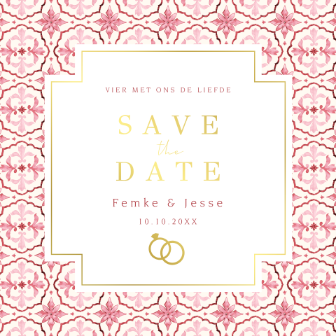 Save the Date kaart mediterraans patroon rood roze goudfolie