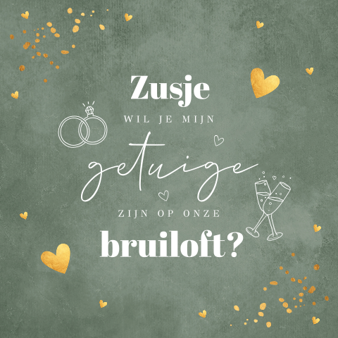 Getuigekaart groen zusje ringen hartjes goudlook spetters 