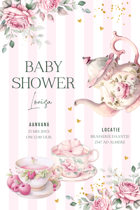 Babyshower High Tea uitnodiging bloemen roze