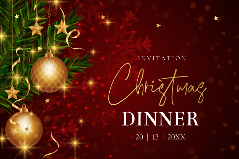 Christmas dinner uitnodiging zakelijk rood kerstballen goudfolie