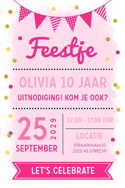 Uitnodiging kinderfeestje meisje 10 jaar typografie slinger waterverf