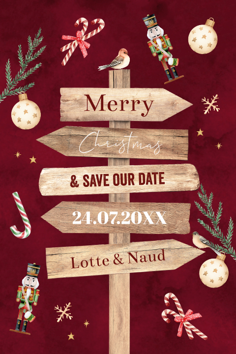 Save the Date kerstkaart rood wegwijzer hout kerstfiguurtjes