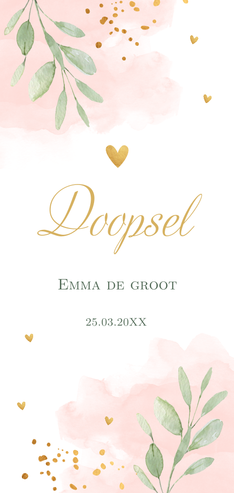 Doopkaart meisje roze watercolor bladeren langwerpig