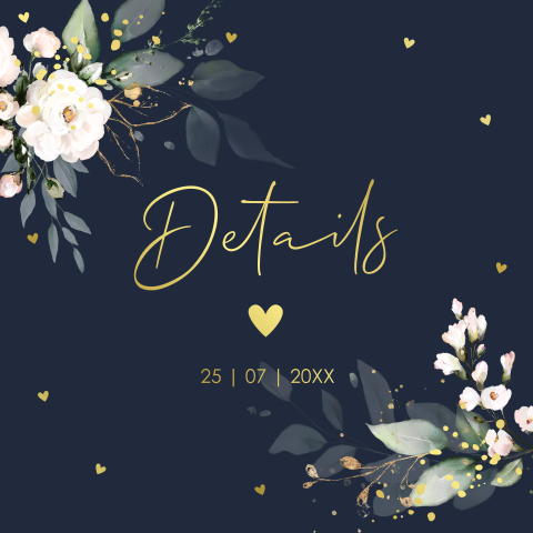Extra informatie kaartje huwelijk donkerblauw bloemen goudfolie