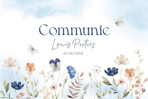 Communie uitnodiging jongen bloemen blauw vlinders