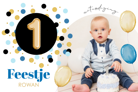 Uitnodiging kinderfeestje jongen 1 jaar foto boog confetti ballonnen