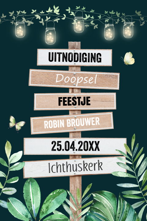 Doopkaart jongen wegwijzer hout tropische bladeren