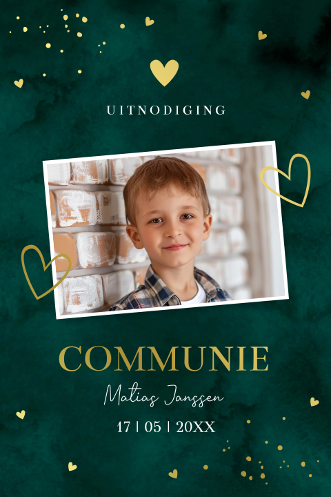 Communie uitnodiging jongen foto groen goudfolie