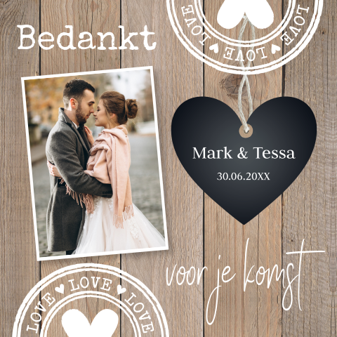 Bedankkaart huwelijk foto hartje houtlook