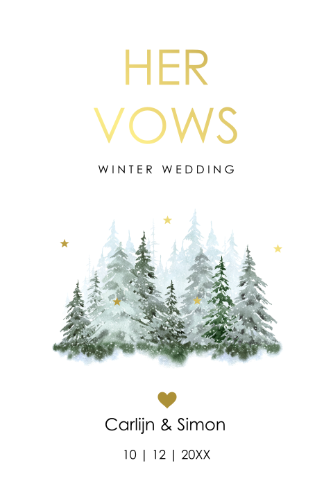 Geloftenkaart winter wedding forrest groen goudfolie