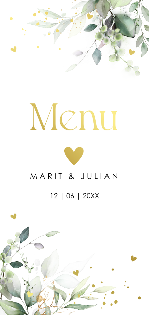 Menukaart huwelijk botanisch bladeren goudfolie