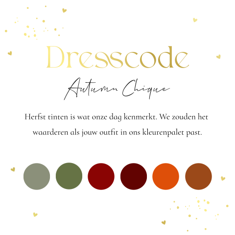 Dresscode kaartje huwelijk kleurenpalet goudfolie vierkant