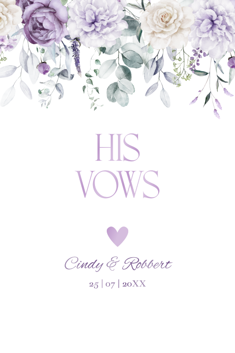 Geloftenkaart wit paars bloemen hoogglans his vows