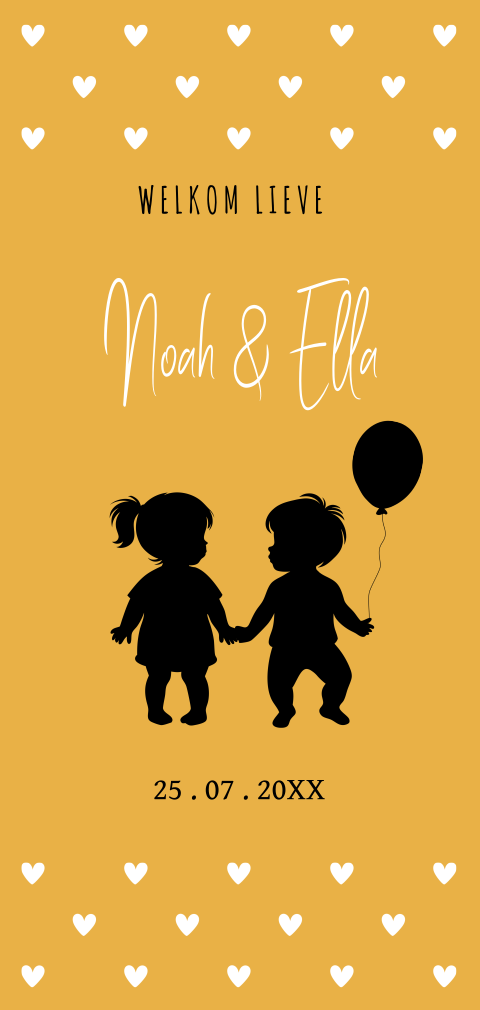 Geboortekaartje tweeling meisje jongen silhouet okergeel