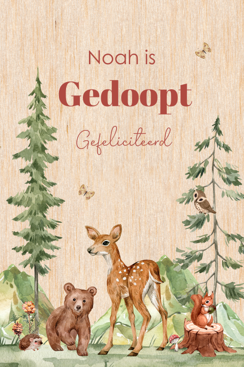 Felicitatie doop kind bosdieren hertje beertje houtlook