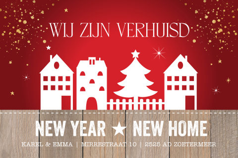 Kerst verhuiskaart rood met witte huisjes silhouet
