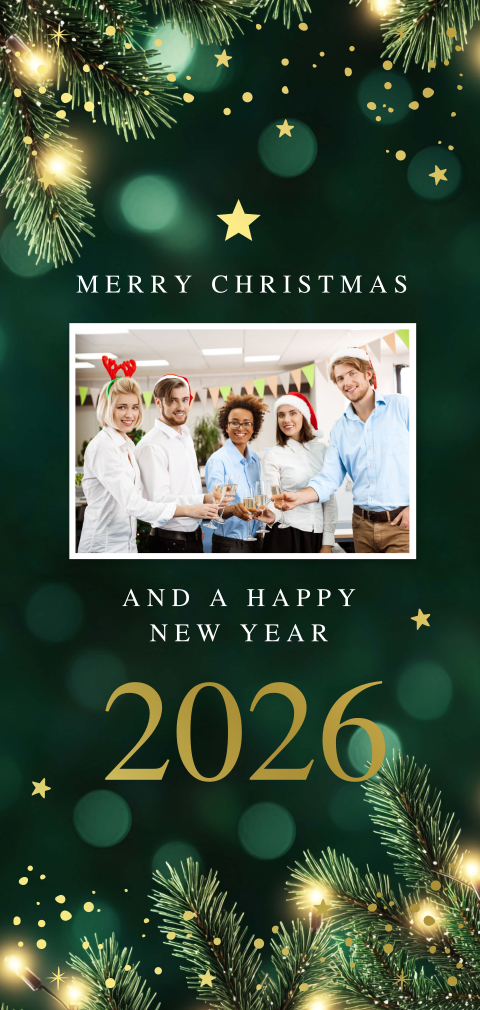 Zakelijke kerstkaart foto groen kersttakjes goudfolie langwerpig 2026