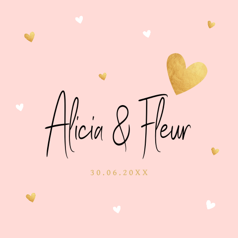 Geboortekaartje tweeling meisjes roze hartjes goudlook