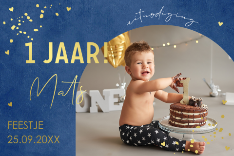 Uitnodiging kinderfeestje blauw jongen 1 jaar foto goudfolie