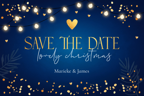 Save the Date kerstkaart blauw goudlook hartje lampjes spetters