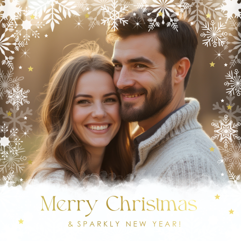 Kerstkaart met foto sneeuwvlokken kader goudfolie sterren