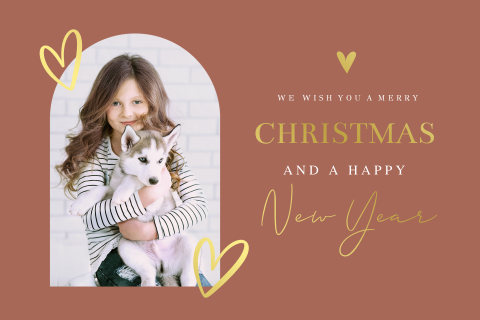 Stijlvolle kerstkaart met foro boog terracotta roze luxe goudfolie