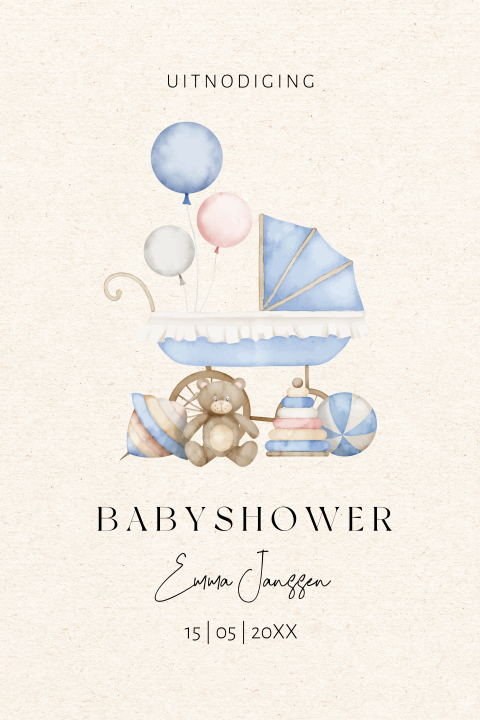 Babyshower uitnodiging kinderwagen blauw ballonnen