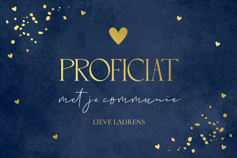 Felicitatie communie jongen blauw hartjes spetters goudfolie