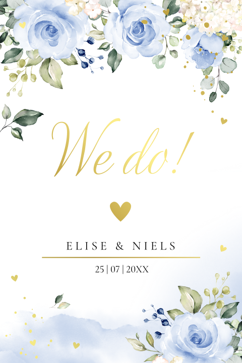 Trouwkaart blauw bloemen rozen goudfolie