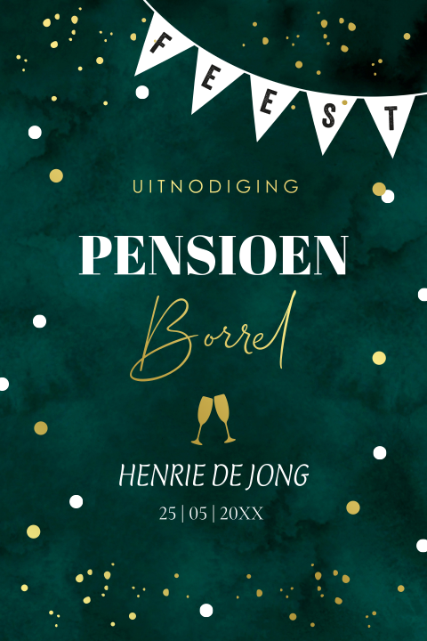 Pensioen uitnodiging feest groen goudfolie slinger confetti