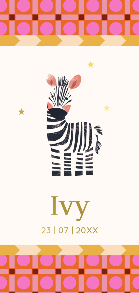 Geboortekaartje langwerpig met zebra en gekleurde print
