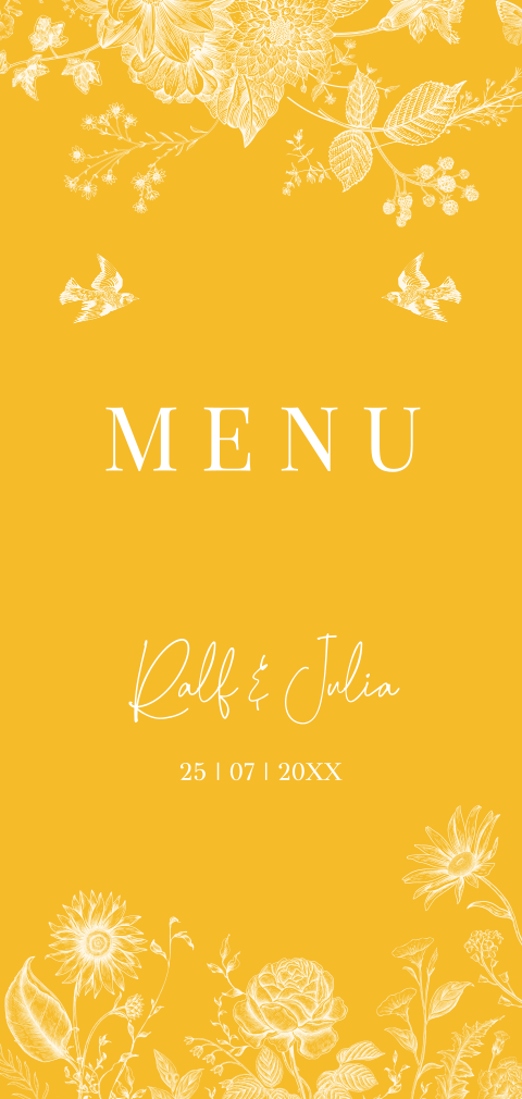 Menukaart huwelijk geel botanisch floral vogels langwerpig