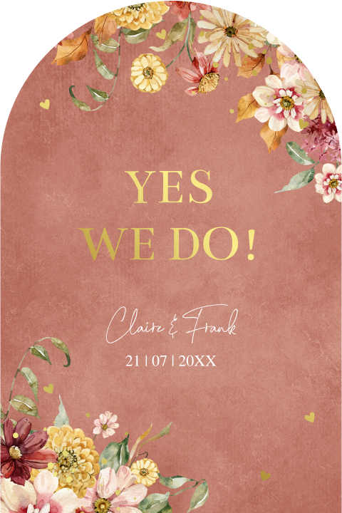 Trouwkaart boog vorm terracotta roze bloemen chic autumn