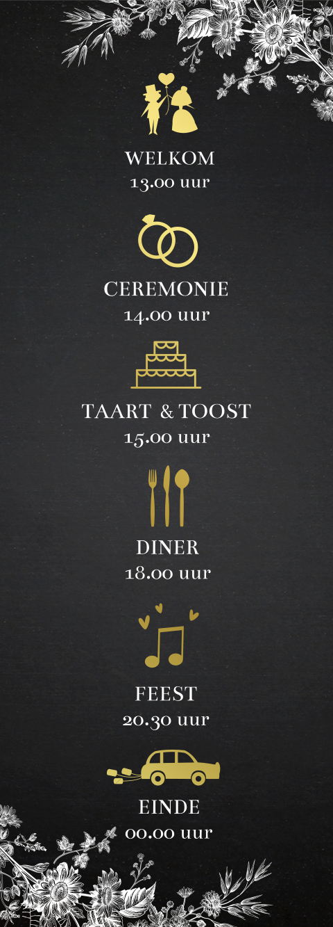 Programmakaartje bruiloft stripvorm zwart symbolen (per 3 stuks)