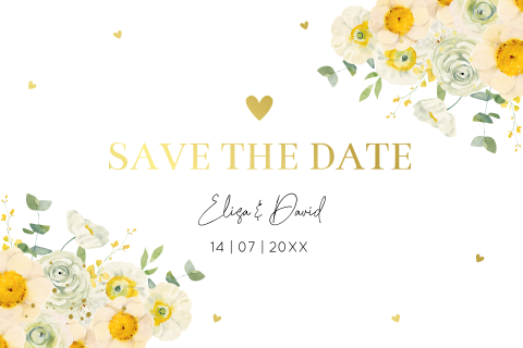Save the Date kaart watercolour bloemen geel goudfolie