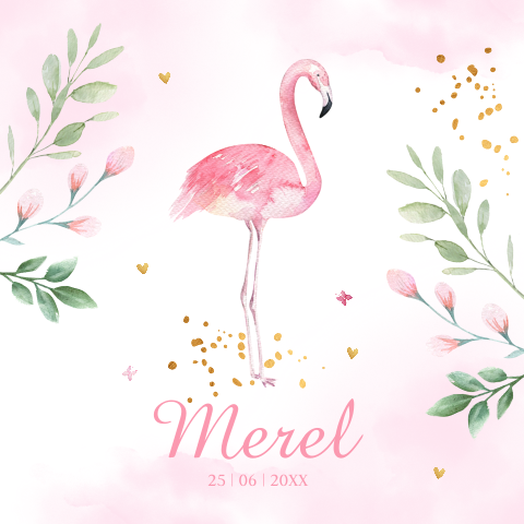 Geboortekaartje meisje flamingo roze watercolour blaadjes