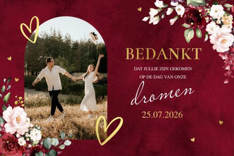 Bedankkaart huwelijk rood foto boog vorm bloemen goudfolie