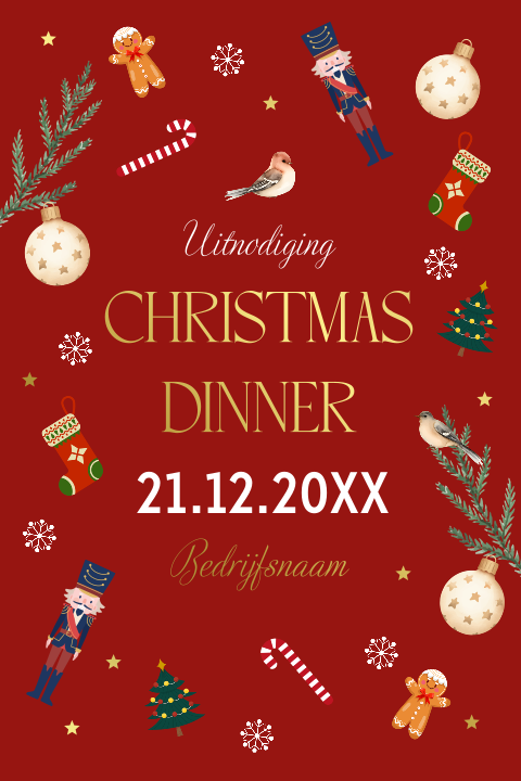 Kerstdiner uitnodiging zakelijk bedrijf rood figuurtjes goudfolie