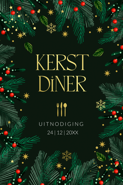 Kerstdiner uitnodiging groen botanisch kersttakjes goudfolie